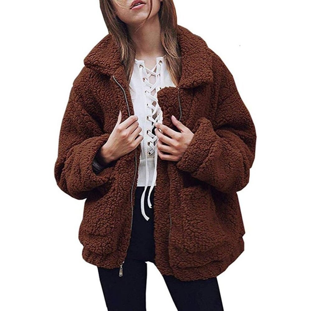 〽️Women's Classic Dark Brown Fleece Zipper Oversized Outwear Coat Warm Jacket